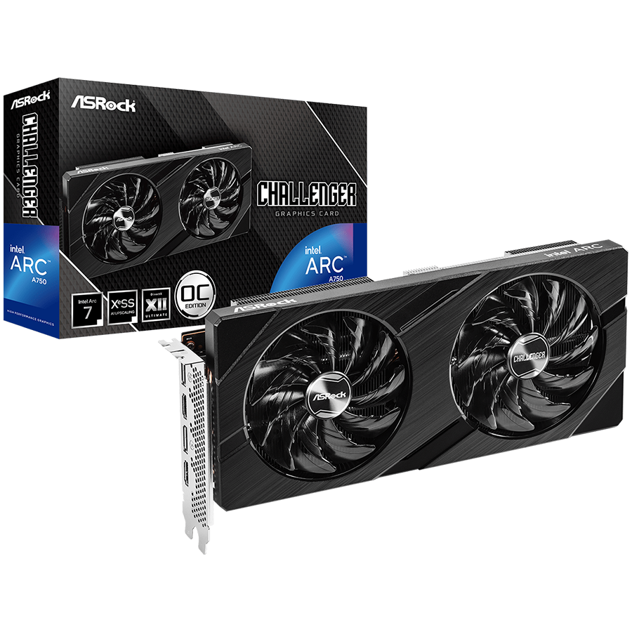 Asrock Intel Arc A750 Challenger D 8GB OC, 256-bit GDDR6, 1x HDMI 2.1, 3x DisplayPort 2.0, 2x 8-pin Power Connectors, recommended PSU 650W.