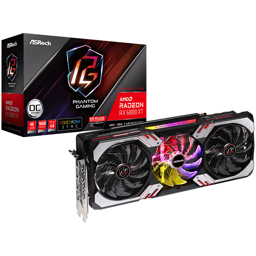 ASROCK Video Card AMD Radeon RX6800 XT Phantom Gaming 16GB OC, GDDR6, 256-bit, 3 x DisplayPort™ 1.4 with DSC, 1 x HDMI™ 2.1 VRR, 3 x 8-pin Power Connectors, Recommended PSU 800W