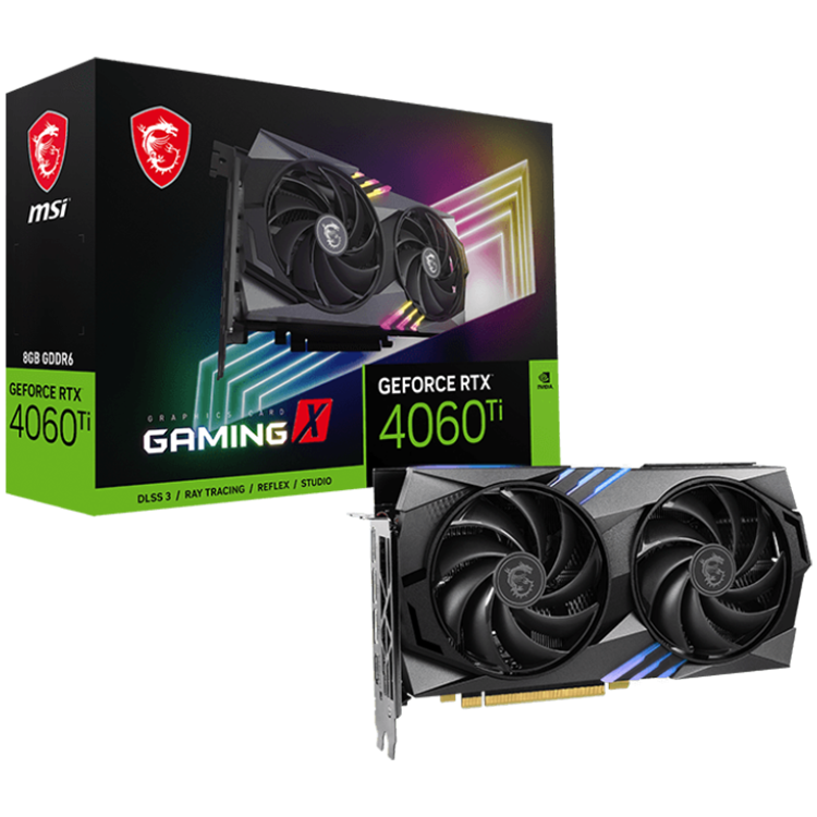 MSI Video Card Nvidia GeForce RTX 4060 Ti GAMING X 8G, 8GB GDDR6, 128bit, Effective Memory Clock: 18000MHz, Boost: 2655 MHz, 4352 CUDA Cores, PCIe 4.0, 3x DP 1.4a, HDMI 2.1a, RAY TRACING, Dual Fan, 1x 8pin, 550W Recommended PSU, 3Y