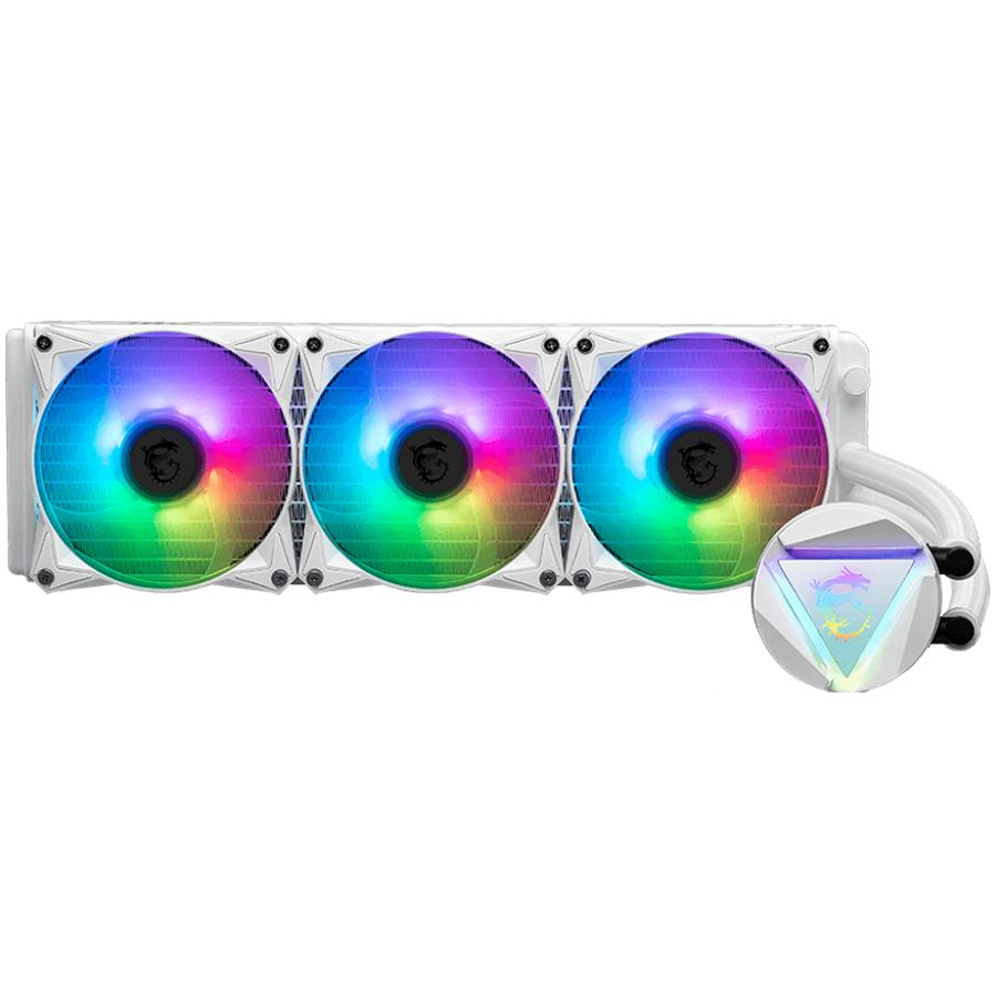 MSI MAG CORELIQUID 360R V2 WHITE Liquid Cooler, 3x 120mm ARGB 2000rpm PWM Fans, ARGB Block, Radiator Pump Design, Rotatable Blockhead, Intel LGA 115x/1200/1700/1366/2011/2066, AMD AM5/AM4/FM2+/FM2/FM1/AM3+/AM3/AM2+/AM2/TR4/sTRX4/SP3, 3Y Warranty