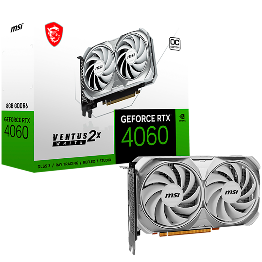 MSI Video Card Nvidia GeForce RTX 4060 VENTUS 2X WHITE 8G OC, 8GB GDDR6, 128bit, Boost: 2490 MHz, 3072 CUDA Cores, PCIe 4.0, 3x DP 1.4a, HDMI 2.1a, RAY TRACING, Dual Fan, 1x 8pin, 550W Recommended PSU, 3Y