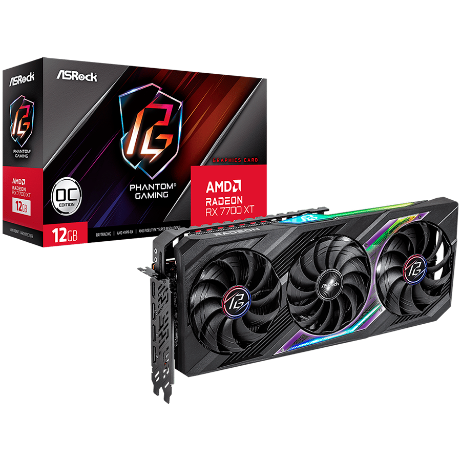 ASROCK Video Card AMD Radeon RX7700XT Phantom Gaming 12GB OC, GDDR6, 192-bit, 3x DisplayPort 2.1, 1x HDMI 2.1, 2x 8-pin Power Connectors, Recommended PSU 750W