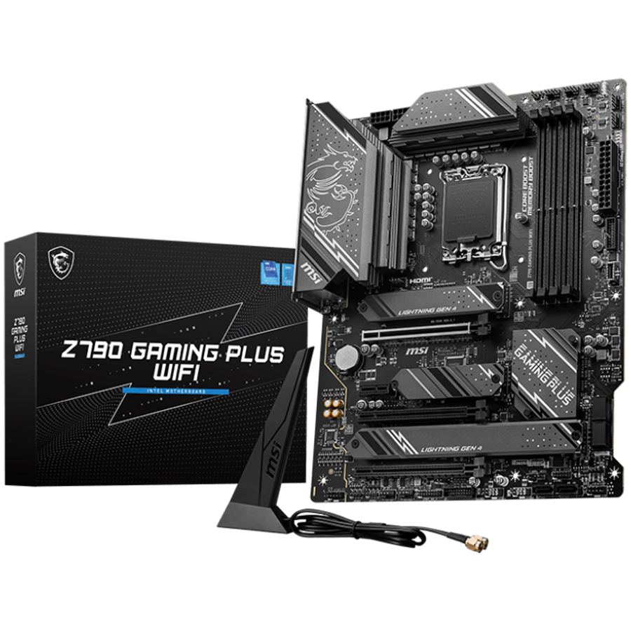 MSI Z790 GAMING PLUS WIFI , LGA 1700, 4xDDR5, Dual Channel DDR5 up to 7200+(OC)MHz, 3x PCIe x16 slot, 4x M.2 slots, 1x USB 3.2 Gen 2x2 (Type-C), 3x USB 3.2, 4x USB 2.0, 1x HDMI, 1x DP, 4x EZ Debug LED, 2.5G LAN, 7.1 Audio, ATX, 3Y