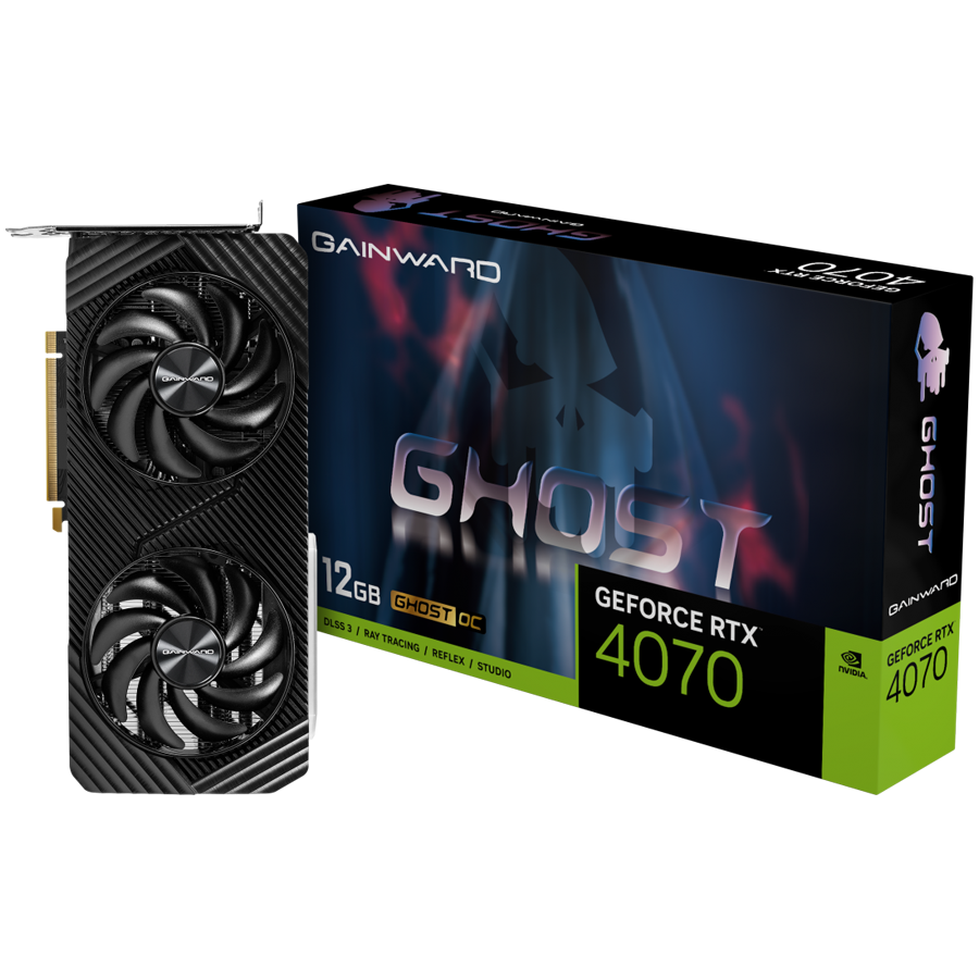 Gainward GeForce RTX4070 Ghost OC, 12GB GDDR6X, 192 Bit, 1x HDMI 2.1, 3x DP 1.4a, 2 Fan, 1x 8-pin power connector, recommended PSU 750W, NED4070S19K9-1047B