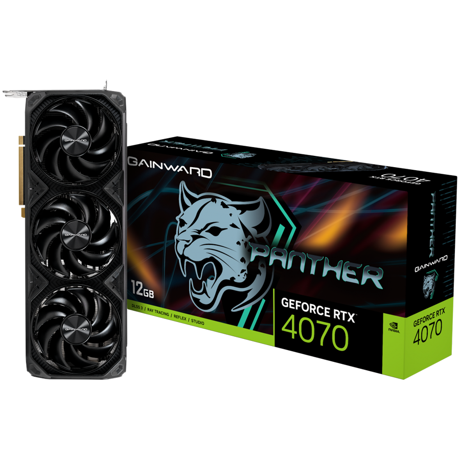 Gainward GeForce RTX 4070 Panther 12GB GDDR6X, 192 bit, 1x HDMI 2.1, 3x DP 1.4a, 3 Fan, 1x 8-pin power connector, recommended PSU 750W, NED4070019K9-1047Z