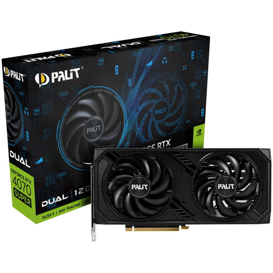 Palit RTX 4070 Super Dual 12GB GDDR6X, 192 bit, 1x HDMI 2.1a, 3x DP 1.4a, 2 Fan, 1x 16-pin Power connector, recommended PSU 750W, NED407S019K9-1043D