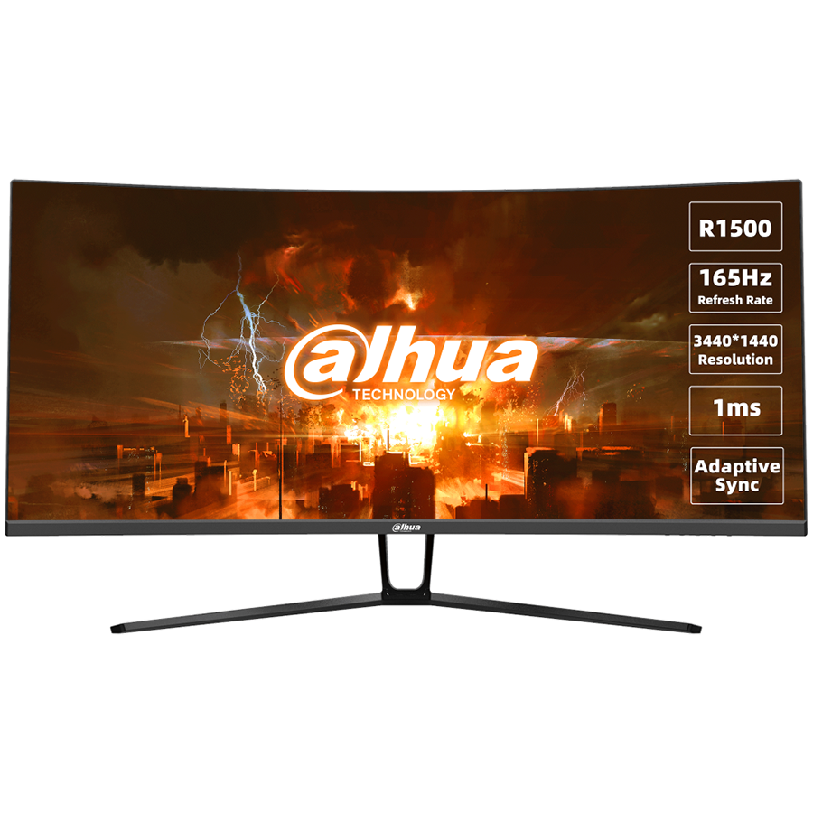 Dahua LM34-E330C Curved Gaming Monitor, 34" UWQHD (3440x1440), VA, 165Hz, 350 nits, 120% sRGB, 21:9, 3000:1, 178°/178°, 1ms, VESA, 2x DP 1.4, 2x HDMI 2.0, 1x Audio out, DC 12V, 2A, 78W.