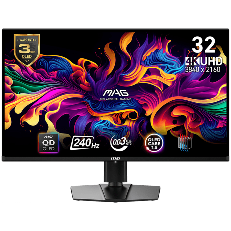 MSI MAG 321UPX QD-OLED Gaming Monitor, 32" 240Hz, UHD (3840x2160) 16:9, QD-OLED Anti-Reflection, 0.03ms, 250nits, 1500000:1, 178°/178°, Adaptive sync, Adjustable Stand, 1x DP, 2x HDMI, 1xType-C, 1xHeadphone out, 3Y Warranty