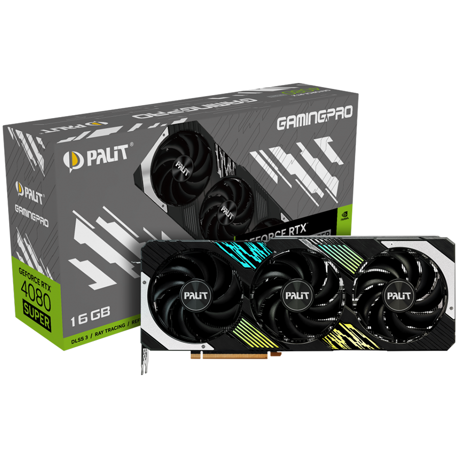 Palit RTX 4080 SUPER GamingPro, 16GB GDDR6X, 256 bit, 1x HDMI 2.1a, 3x DP 1.4a, 3 Fan, 1x 16-pin power connector, recommended PSU 850W, NED408S019T2-1032A