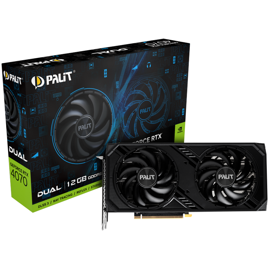 Palit RTX 4070 Dual 12GB GDDR6, 192 bit, 1x HDMI 2.1a, 3x DP 1.4a, 2 Fan, 1x 8-pin Power connector, recommended PSU 750W, NE64070019K9-1048D.
