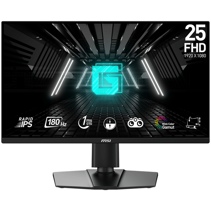 MSI G255PF E2 Gaming Monitor, 24.5"" 180Hz, FHD (1920x1080) 16:9, Rapid IPS Anti-glare, 1ms, 300nits, 1000:1, 178°/178°, AMD FreeSync, Adjustable Stand, 1x DP, 2x HDMI, 3Y Warranty