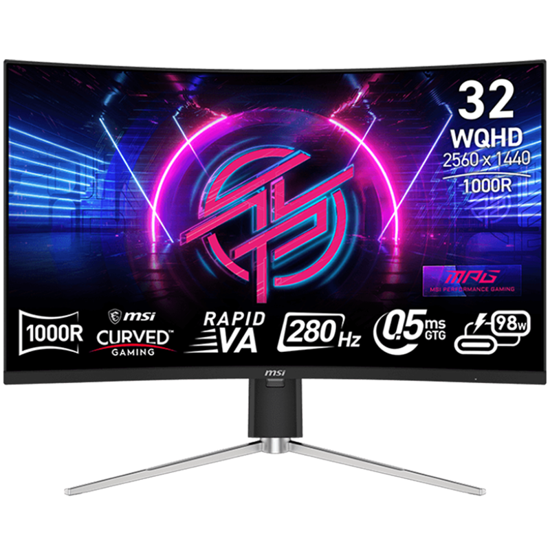 MSI MPG 325CQRXF Gaming Monitor, 31.5" 280Hz, WQHD (2560x1440) 16:9, Rapid VA, Anti-glare, 0.5ms, 350nits, 3200:1, 178/178, 1000R Curve, Adaptive Sync, DisplayHDR 400, Adjustable Stand, 1x DP, 1x HDMI, 1x Type-C 98W, USB Hub, 3Y Warranty