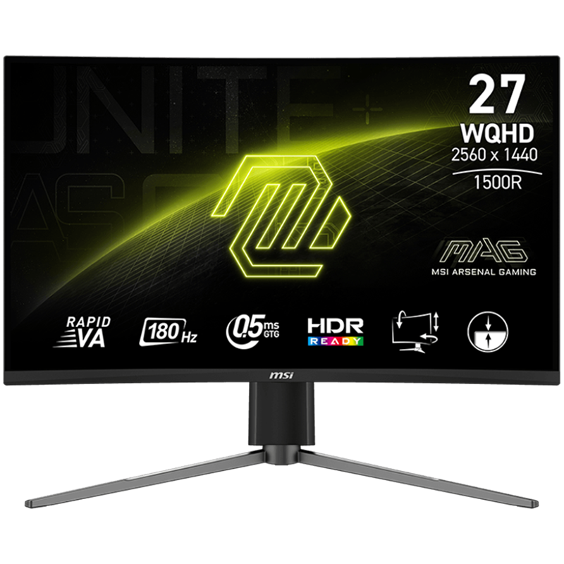 MSI MAG 27CQ6PF Curved Gaming Monitor, 27" 180Hz, WQHD (2560x1440) 16:9, Rapid VA Anti-glare, 1500R Curve, 0.5ms, 300nits, 5000:1, 178/178, AMD FreeSync, HDR Ready, Adjustable Stand, 1x DP, 2x HDMI, 3Y Warranty