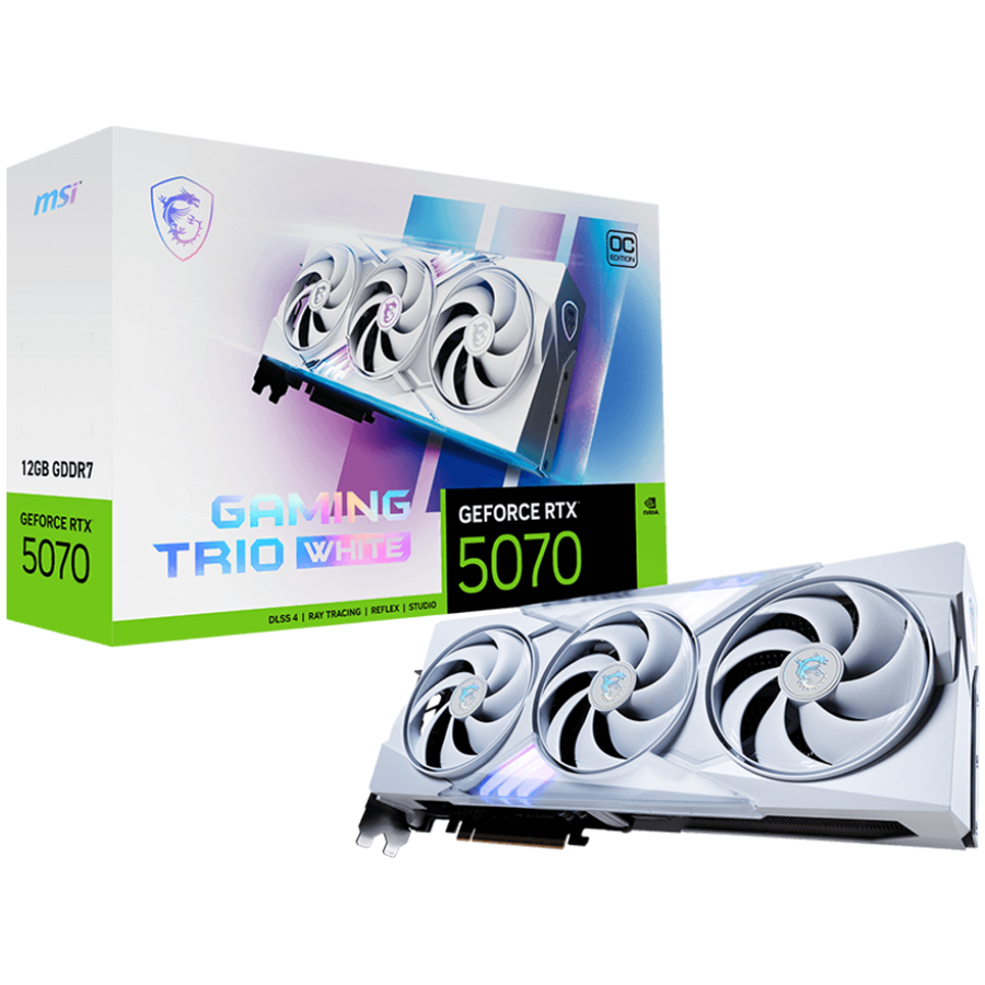 MSI Video Card Nvidia GeForce RTX 5070 12G GAMING TRIO OC White, 12GB GDDR7, 192bit, Effective Memory Clock: 28000MHz, Boost: 2610 MHz, 6144 CUDA Cores, PCIe 5.0, 3x DP 2.1b, HDMI 2.1b, RAY TRACING, Triple Fan, 1x16pin, 650W Recommended PSU, 3Y
