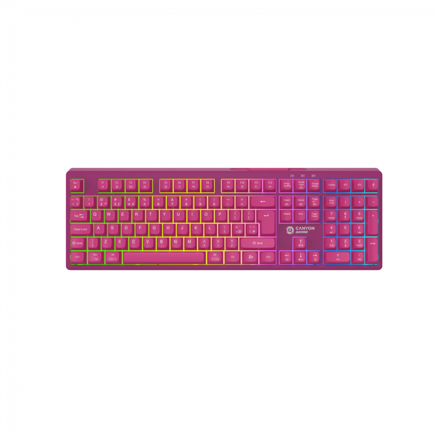 Canyon 105keys gaming keyboard,with 2.4G+ Bluetooth mode, battery 2000mAh, RGB backlight 3 types and 7 colors, size:407*119*19mm, PVC cable 1.8M , Black,weight:556+/-10g