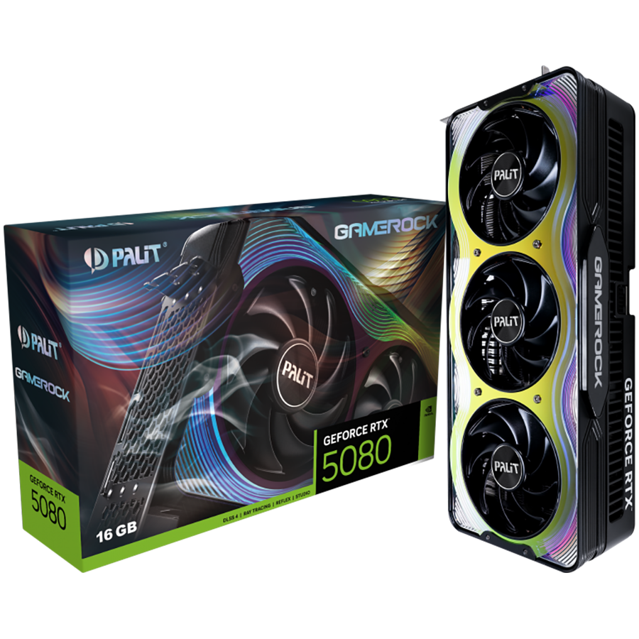 PALIT GeForce RTX 5080 GameRock 16GB GDDR7 256 bit, 1x HDMI 2.1b, 3x DP 2.1b, 3 Fan, 1x 16-pin pwr connector, 850W, 331.9 x 150 x 70.4 mm, NE75080019T2-GB2030G