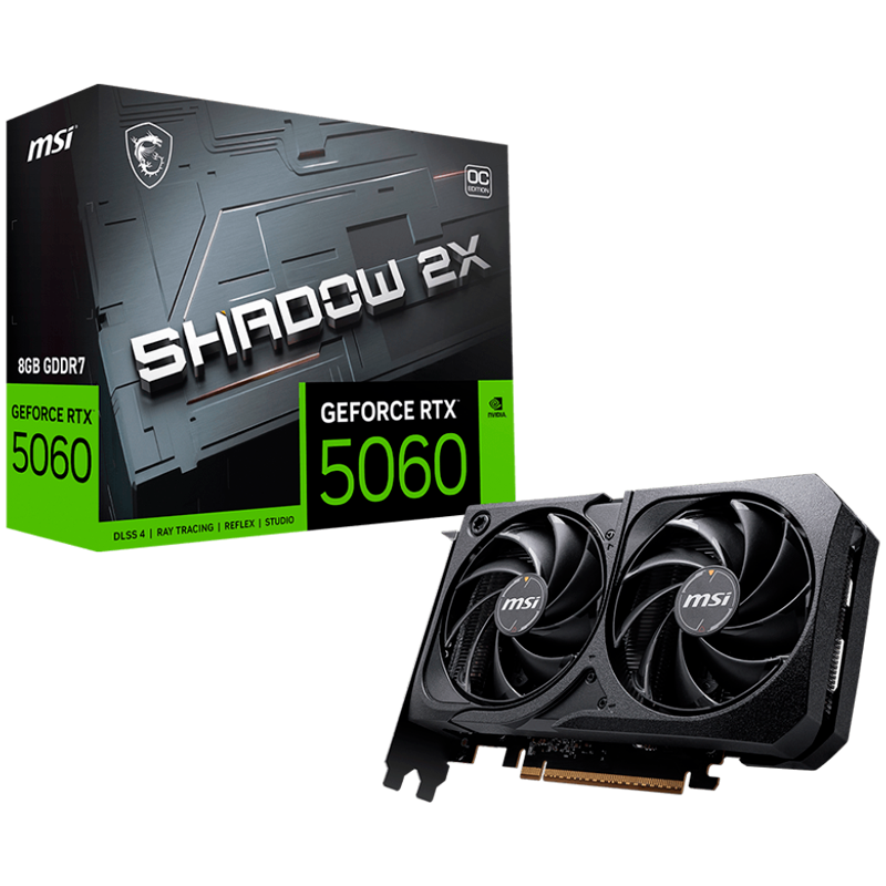 MSI Video Card NVIDIA GeForce RTX 5060 8G SHADOW 2X OC, 8GB GDDR7, 128-bit, 2535 MHz Boost, 3840 CUDA Cores, PCIe 5.0 (x8), 3x DP 2.1b, HDMI 2.1b, RAY TRACING, Dual Fan, 145W TDP, 8-pin PCIe Power, G-SYNC, 2-Slot, 3Y