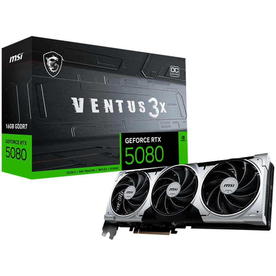 MSI Video Card Nvidia GeForce RTX 5080 16G VENTUS 3X OC PLUS, 16GB GDDR7, 256bit, Effective Memory Clock: 30000MHz, Boost: 2617 MHz, 10752 CUDA Cores, PCIe 5.0, 3x DP 2.1a, HDMI 2.1b, RAY TRACING, Triple Fan, 1x16pin, 850W Recommended PSU, 3Y