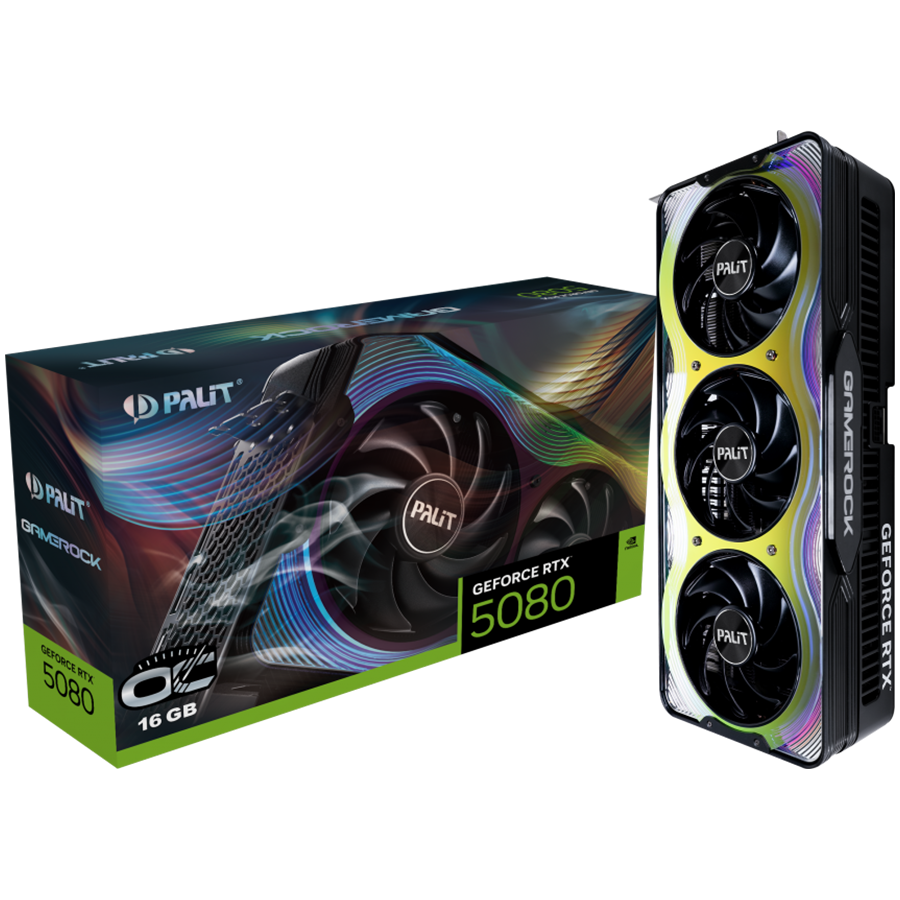 PALIT GeForce RTX 5080 GameRock OC 16GB GDDR7 256 bit, 1x HDMI 2.1b, 3x DP 2.1b, 3 Fan, 3x 8-pin pwr connector, 850W, 331.9 x 150 x 70.4 mm, NE75080T19T2-GB2030G