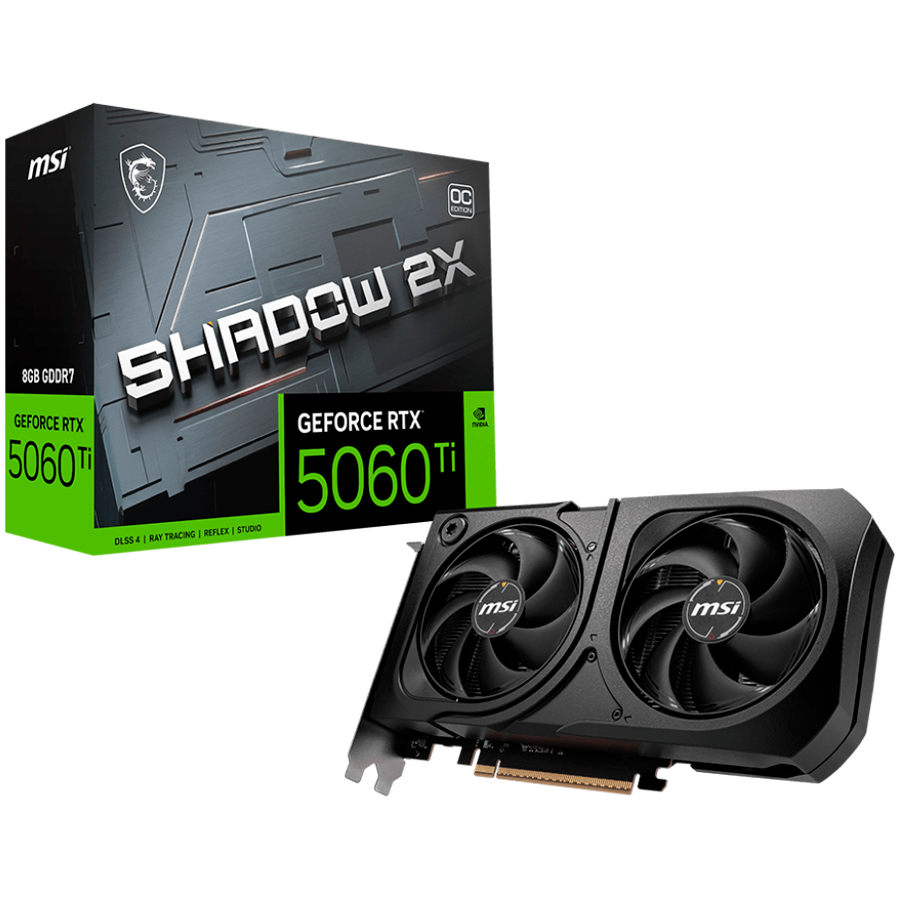 MSI Video Card NVIDIA GeForce RTX 5060 Ti 8G SHADOW 2X OC PLUS, 8GB GDDR7, 128-bit, 2617 MHz Boost, 4608 CUDA Cores, PCIe 5.0 (x8), 3x DP 2.1b, HDMI 2.1b, RAY TRACING, Dual Fan, 180W TDP, 8-pin PCIe Power, G-SYNC, 2-Slot, 3Y