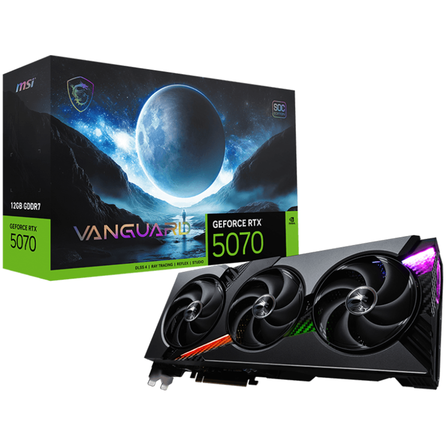 MSI Video Card Nvidia GeForce RTX 5070 12G VANGUARD SOC, 12GB GDDR7, 192bit, Effective Memory Clock: 28000MHz, Boost: 2640 MHz, 6144 CUDA Cores, PCIe 5.0, 3x DP 2.1b, HDMI 2.1b, RAY TRACING, Triple Fan, 1x16pin, 650W Recommended PSU, 3Y