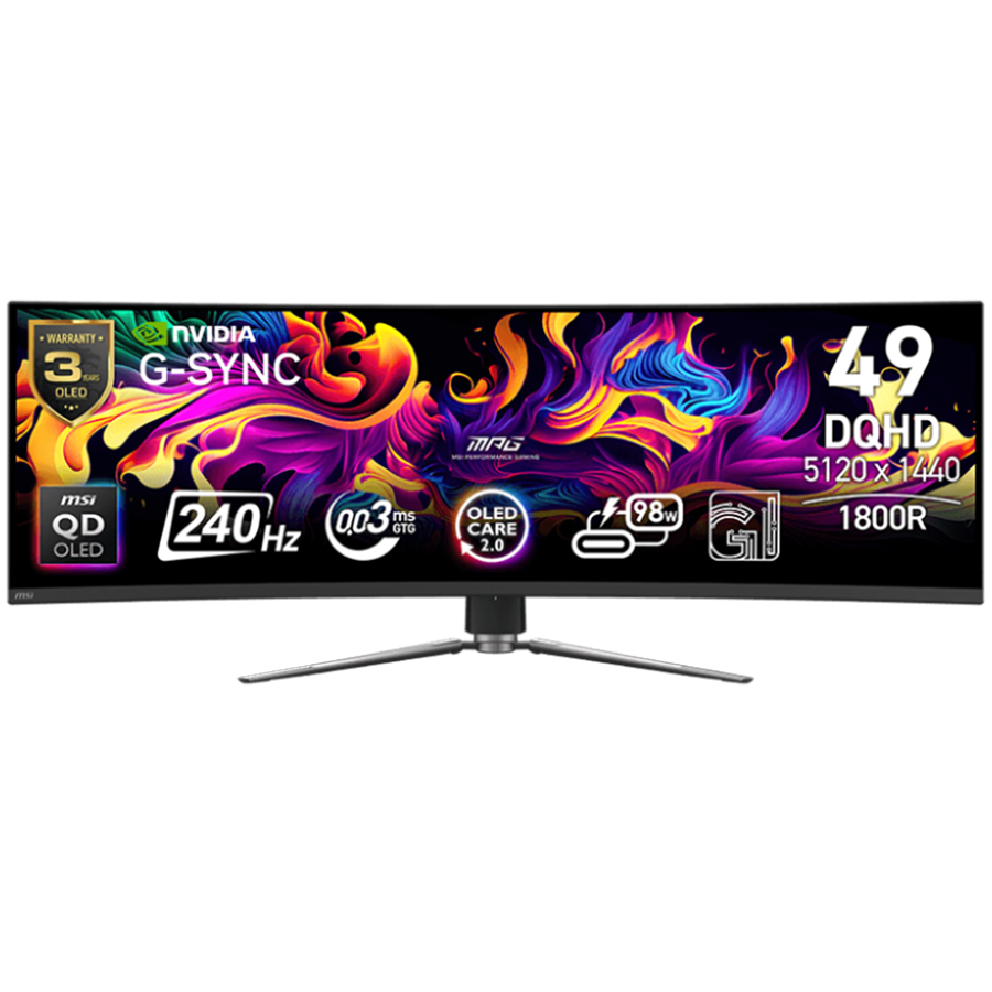 MSI MPG 491CQPX QD-OLED Gaming Monitor, 49" 240Hz, DQHD (5120x1440) 32:9, QD-OLED, 0.03ms, 250nits, 3500:1, 178/178, 1800R Curve, G-Sync Compatible, HDR True Black 400, Adjustable Stand, 1x DP, 2x HDMI, 1x Type-C, 1x Headphone out, USB, 3Y Warranty