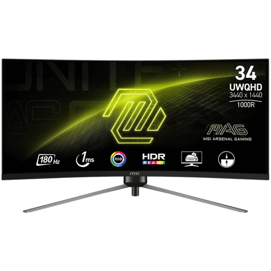 MSI MAG 345CQR Gaming Monitor, 34" 180Hz, UWQHD (3440x1440) 21:9, VA, 1ms, 300nits, 3000:1, 178/178, AMD FreeSync Premium, Adjustable Stand, 1x DP, 2x HDMI, 1x Headphone out, 3Y Warranty