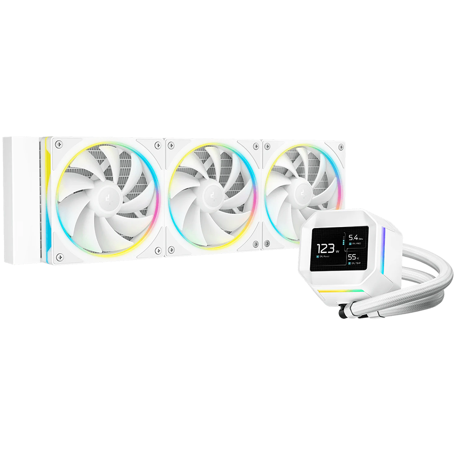 DeepCool LM360 WH, 360mm CPU Liquid Cooler, 2.4" LCD screen, 3x120mm FL12 SE ARGB PWM Fans, Fluid Dynamic Bearing, White, Intel LGA1851/1700/1200/1151/1150/1155, AMD AM5/AM4, R-LM360-WHDMMC-1, 3Y