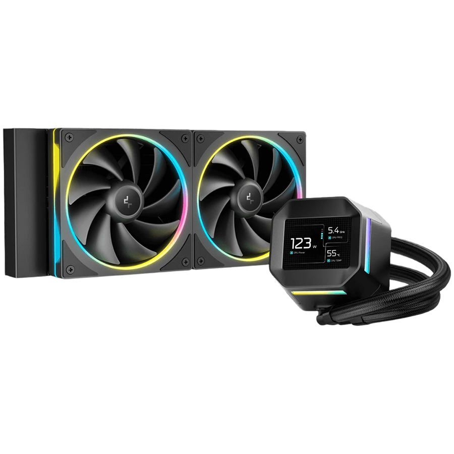 DeepCool LM240, 240mm CPU Liquid Cooler, 2.4" LCD screen, 2x120mm FL12 SE ARGB PWM Fans, Fluid Dynamic Bearing, Black, Intel LGA1851/1700/1200/1151/1150/1155, AMD AM5/AM4, R-LM240-BKDMMC-1, 3Y