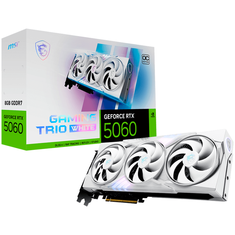 MSI Video Card NVIDIA GeForce RTX 5060 8G GAMING TRIO OC WHITE, 8GB GDDR7, 128-bit, 2640 MHz Boost, 3840 CUDA Cores, PCIe 5.0 (x8), 3x DP 2.1b, HDMI 2.1b, RAY TRACING, Triple Fan, 155W TDP, 8-pin PCIe Power, G-SYNC, 3Y