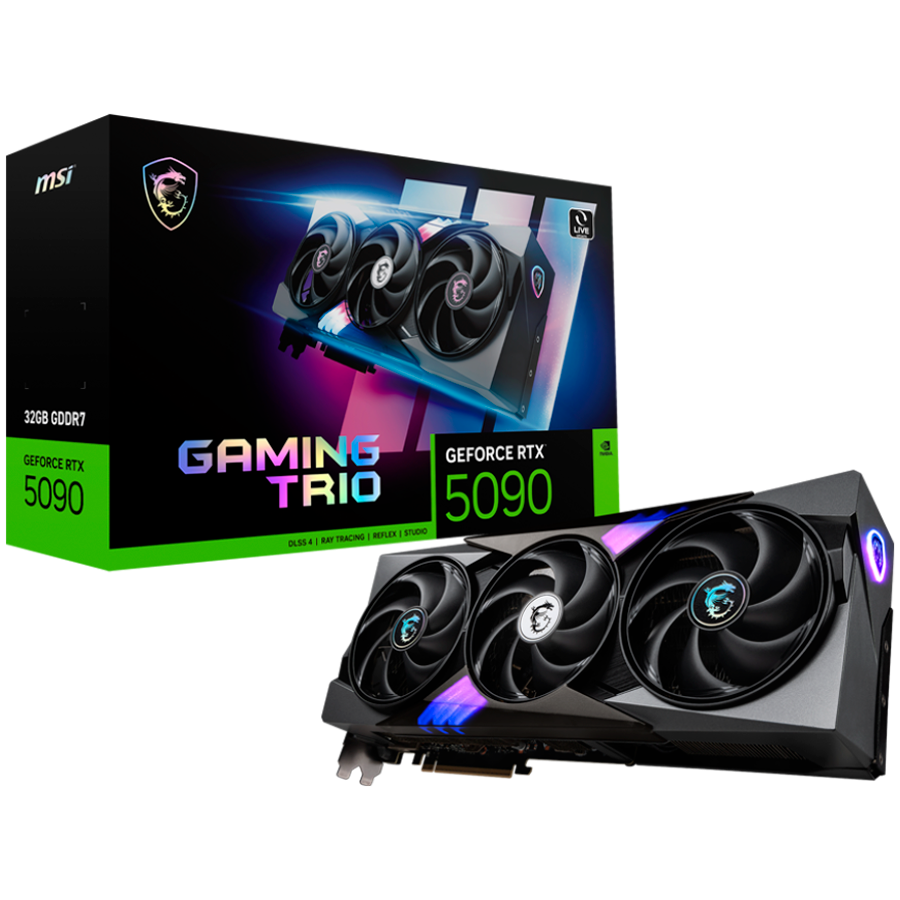 MSI Video Card Nvidia GeForce RTX 5090 32G GAMING TRIO, 32GB GDDR7, 512bit, Effective Memory Clock: 28000MHz, Boost: 2482 MHz, 21760 CUDA Cores, PCIe 5.0, 3x DP 2.1b, HDMI 2.1b, RAY TRACING, Triple Fan, 1x16pin, 1000W Recommended PSU, 3Y