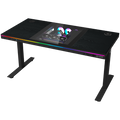 Dual-motor sit/stand adjustable-height gaming desk with built-in PC case, wireless charger, RGB lighting, control panel, and USB ports, PB melamine surface tabletop, black.