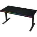 Dual-motor sit/stand adjustable-height gaming desk with wireless charger, RGB lighting, control panel, and USB ports, PB melamine surface tabletop, black.