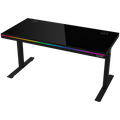 Dual-motor sit/stand adjustable-height gaming desk with wireless charger, RGB lighting, control panel, and USB ports, solid tempered glass tabletop, black.