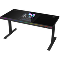 Dual-motor sit/stand adjustable-height gaming desk with built-in PC case, wireless charger, RGB lighting, control panel, and USB ports, tempered glass tabletop, black.