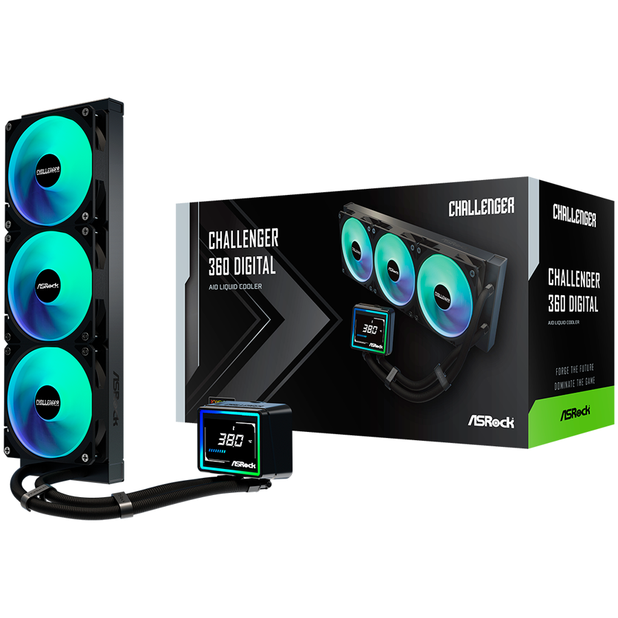 Asrock Challenger 360 Digital, AiO liquid cooler, ARGB, Digital display, 360 mm radiator, AM5, AM4, LGA1851, LGA1700, 90-ACLA36-BAAGA6, Black, 6Y