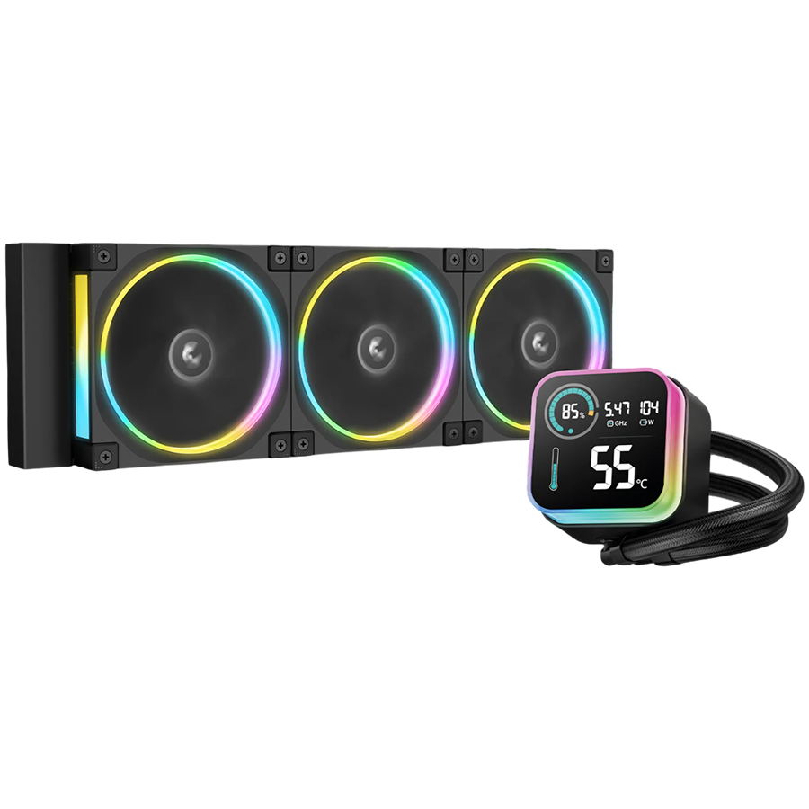 DeepCool LQ360 ULTRA ARGB, 360mm CPU Liquid Cooler, 3x120mm FL12 ARGB Fans, LED Screen, Anti-Leak Technology, Black, LGA1851/1700/1200/115x, AMD AM5/AM4, 5Y, R-LQ360-BKASMC-G-1