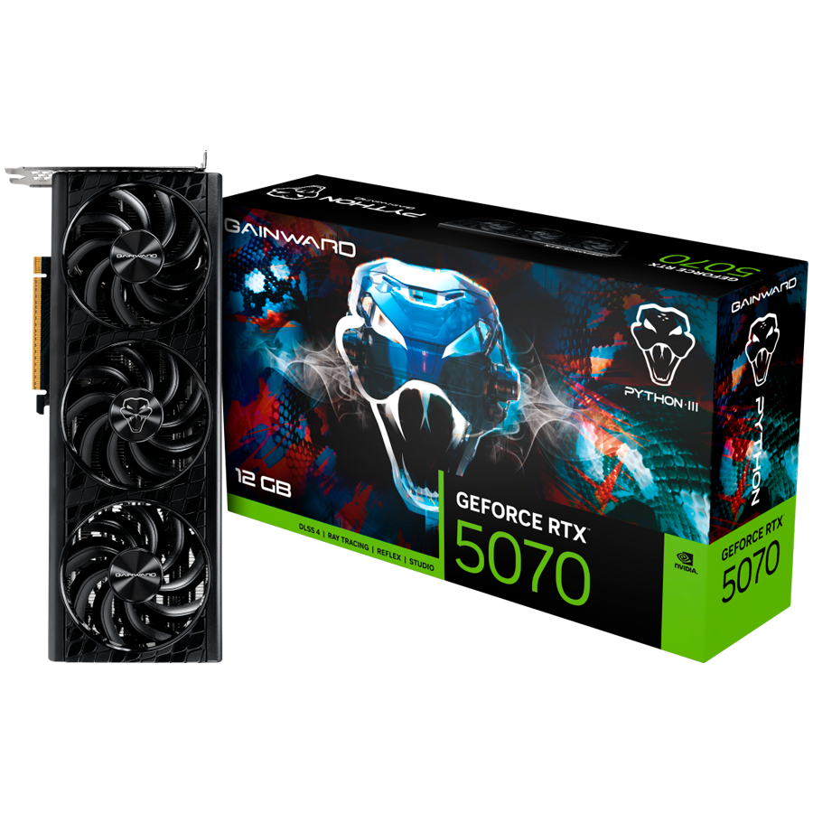 Gainward GeForce RTX 5070 Python III 12GB GDDR7 192 bit, 1x HDMI 2.1b, 3x DP 2.1b, 3 Fan, 1x 16-pin pwr connector, 650W, board size 291.9 x 116.5 x 41.3 mm, NE75070019K9-GB2050T