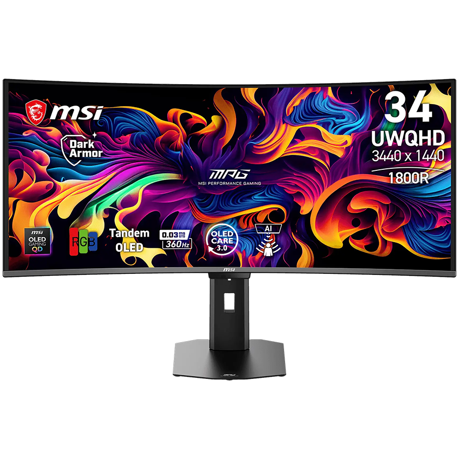 MSI MPG 341CQR QD-OLED X36 Gaming Monitor, 34" 360Hz, UWQHD (3440x1440) 21:9, Tandem QD-OLED, 1800R, 0.03ms, 300nits, 1500000:1, 178/178, G-SYNC Compatible, AMD FreeSync Premium Pro, DisplayHDR True Black 500, Adj. Stand, 1xDP, 2xHDMI, 1xType-C, 3Y