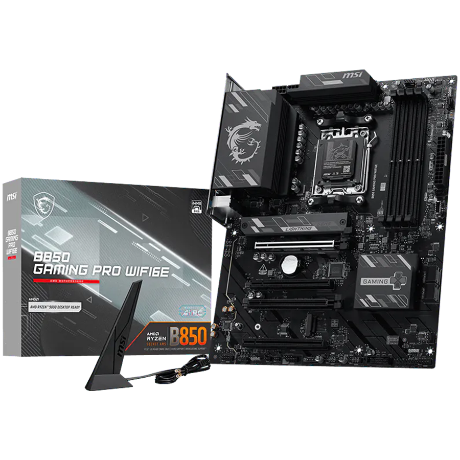 MSI B850 GAMING PRO WIFI6E, ATX, Socket AM5, 4x DDR5 Dual Channel up to 8200(OC)MHz, 4x PCIe x16 slot, 2x M.2 slot, 4x USB 5Gbps, 3x USB 10Gbps, 1x USB 10Gbps Type-C, HDMI, DP, 7.1 HD Audio, 2.5G LAN, WiFI 6E, BT, 3Y